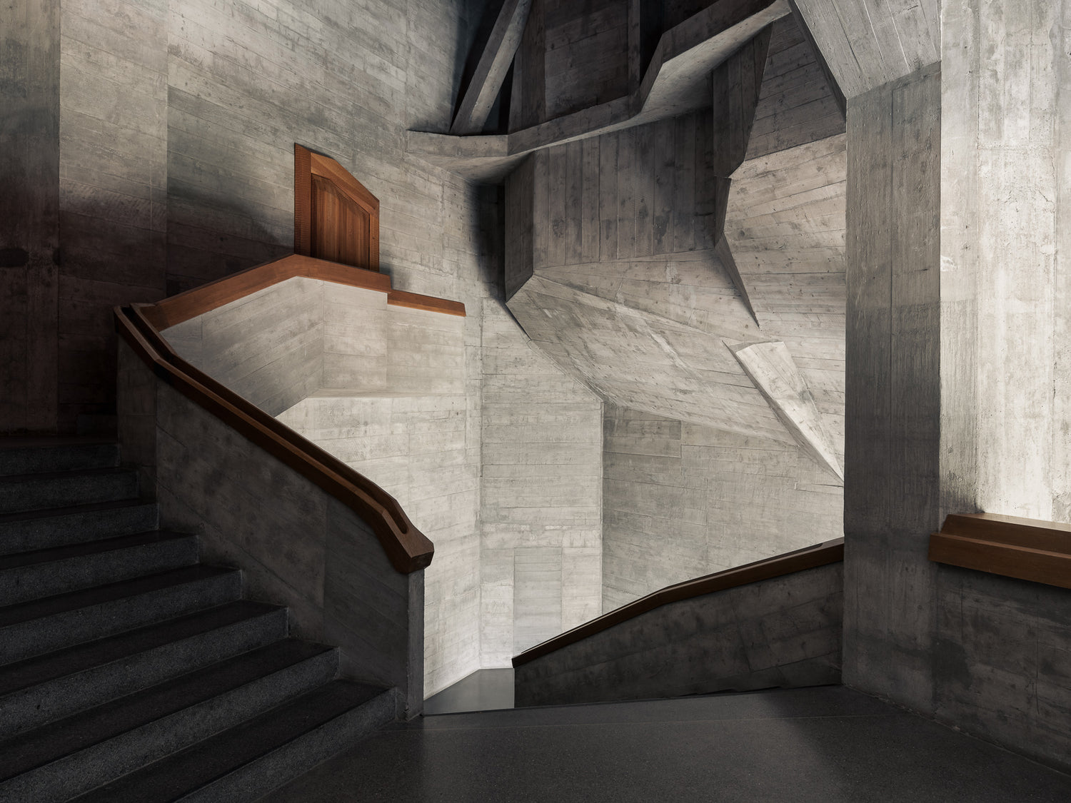 goetheanum rudolf steiner staircase angular concrete forms wooden door thibaud poirier